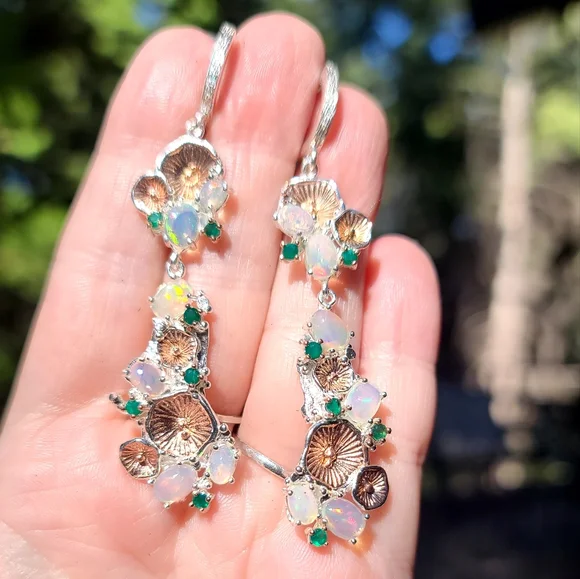 STUNNING Opal & Green Onyx floral chandelier sterling &gold dramatic earrings - Picture 4 of 8
